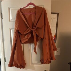 SHEIN Orange Bell Sleeve Tie-Front Blouse
